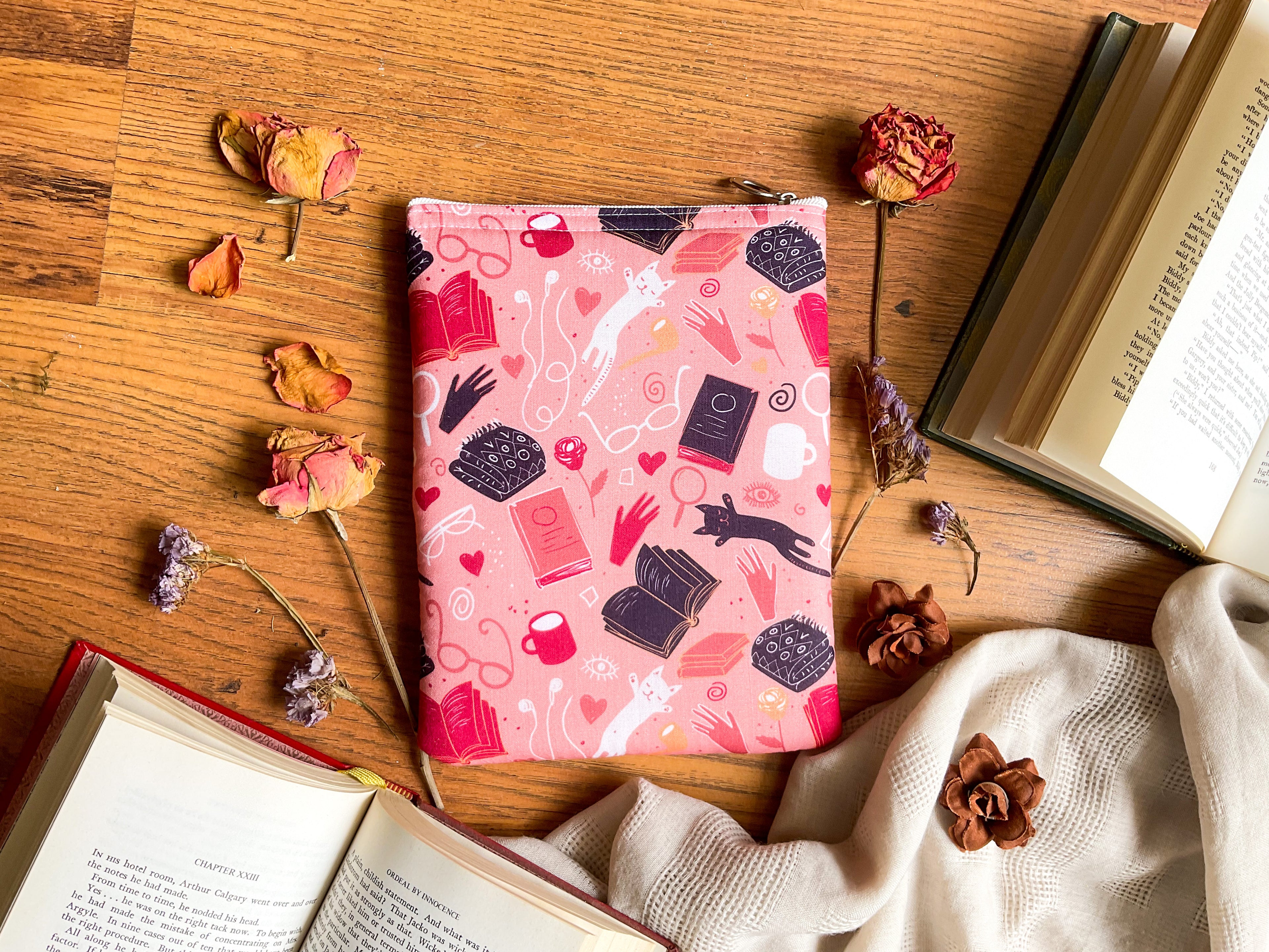 Cats and Books Pattern Pink Bibliophile Book Sleeve